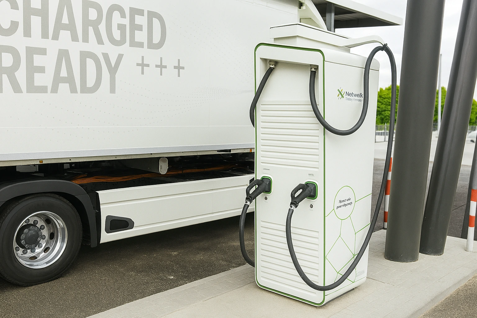 Elektrische vrachtwagen aan een laadpaal