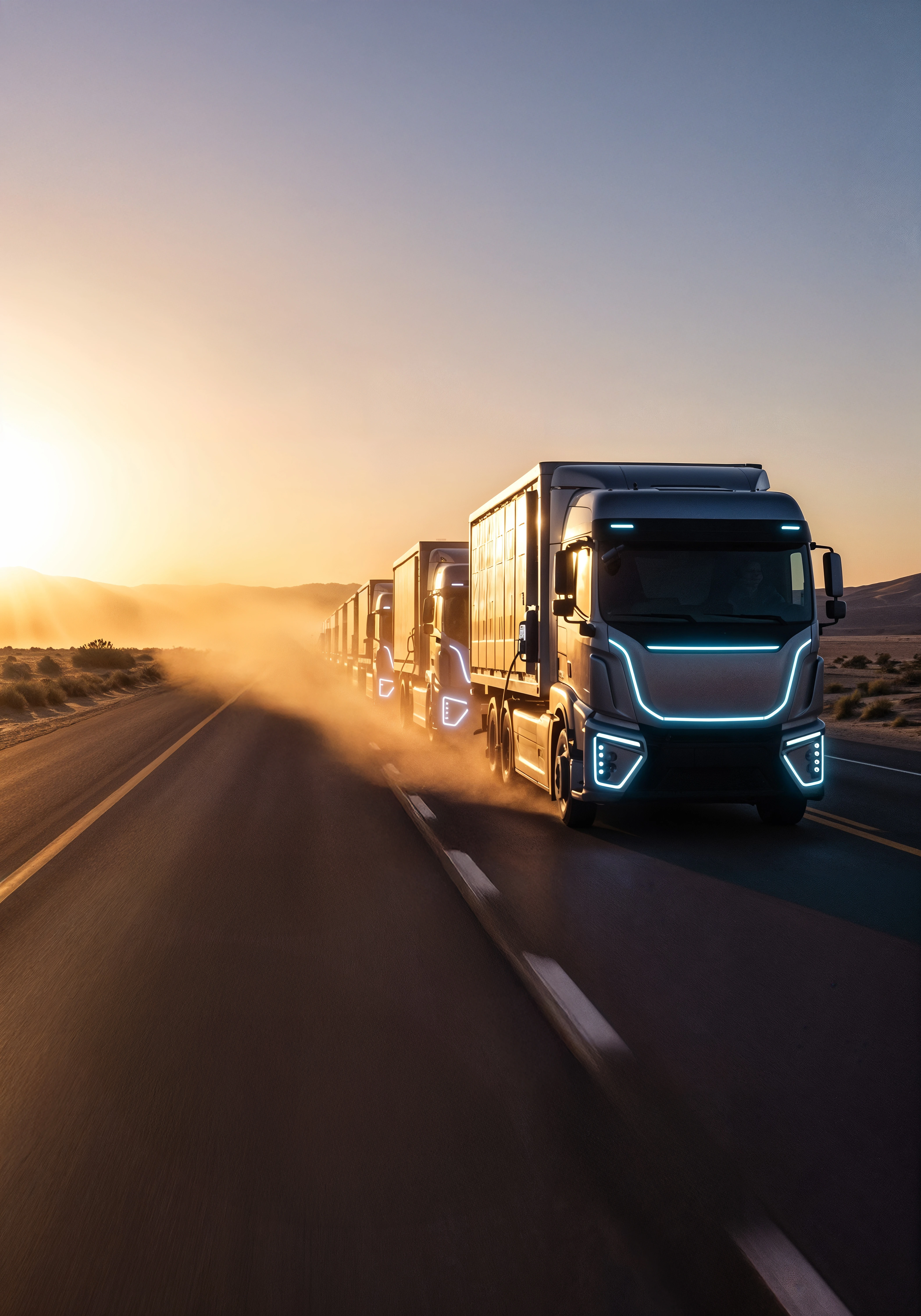 electric-trucks-driving-road-sunset